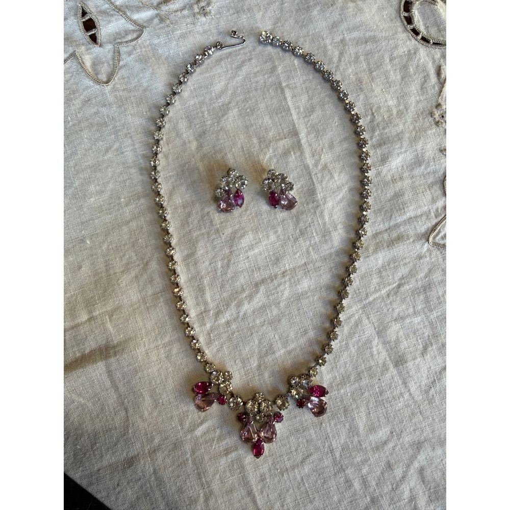 Vintage Crystal Necklace Set Rhinestone Earring Pink Purple Stones on Silver